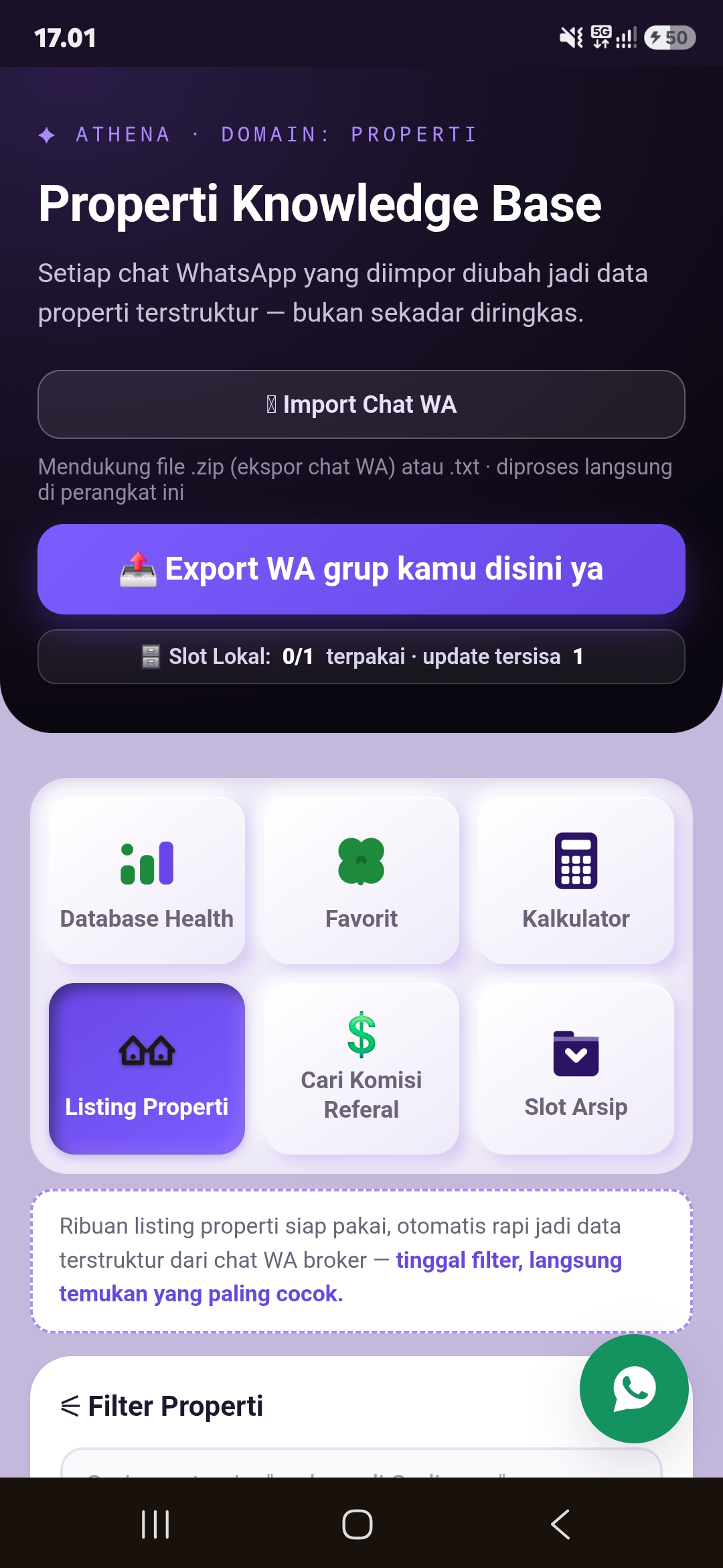 Tampilan Properti Knowledge Base setelah import chat WA