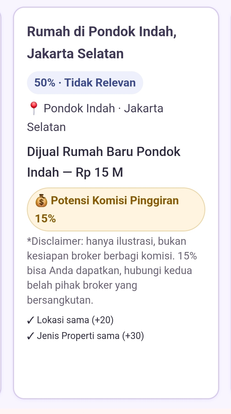 Contoh kartu AI matching listing dengan skor relevansi dan estimasi komisi